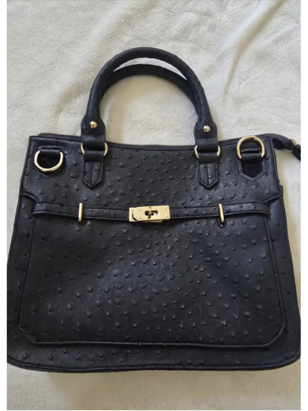 Genuine Leather Ostrich Embossed Birkin Style Top Handle Satchel Black-Navy Gold